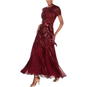 R&M Richards Women's One Piece Short Sleeve Embelished Sequins Gown in Maroon